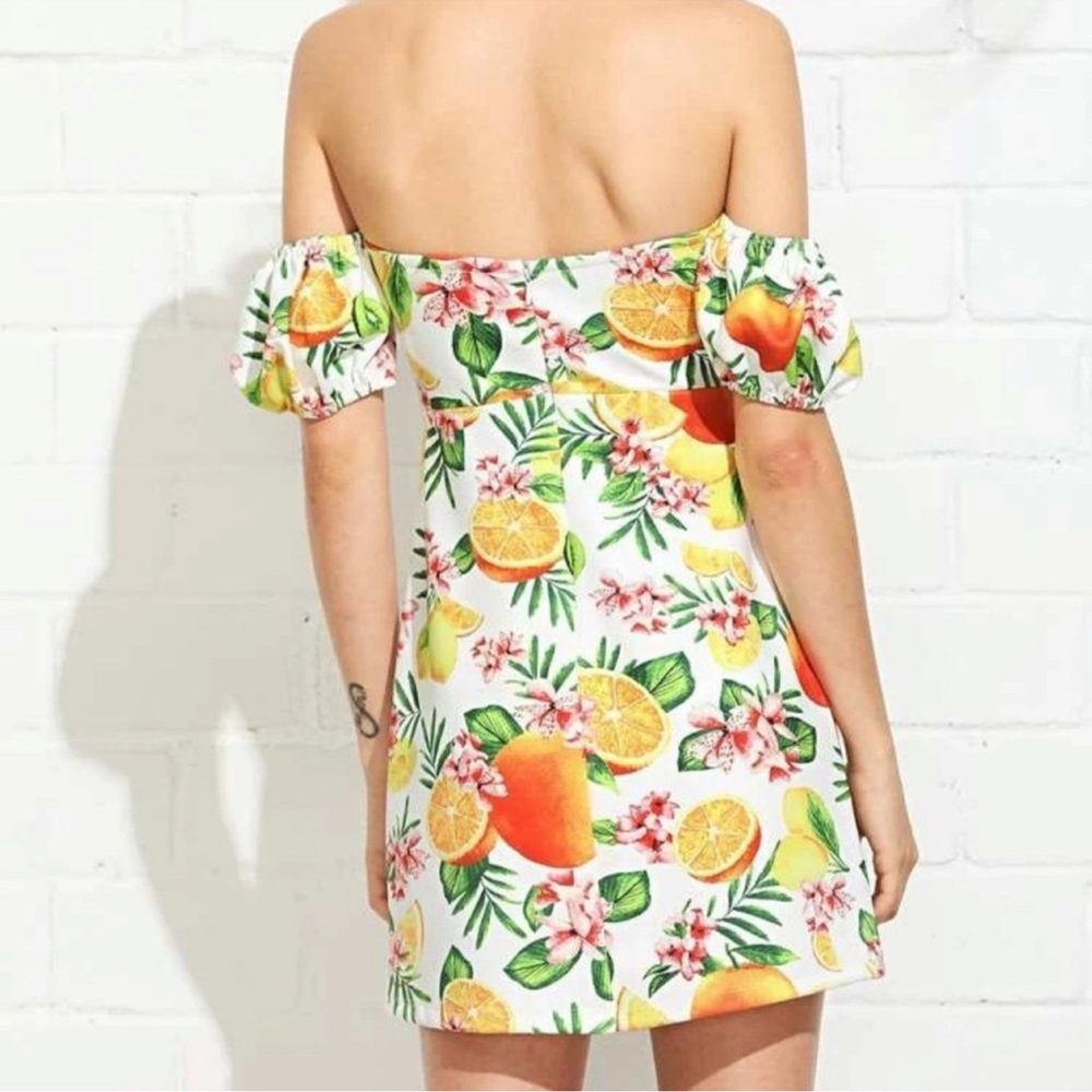 Off-The-Shoulder Bubble Sleeve Fruit Print Mini Dress • New • Medium - Picture 2 of 3